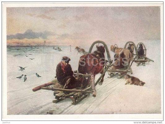 painting by I. Pryanishnikov - Carriage - horse - crow - dog - russian art - unused - JH Postcards
