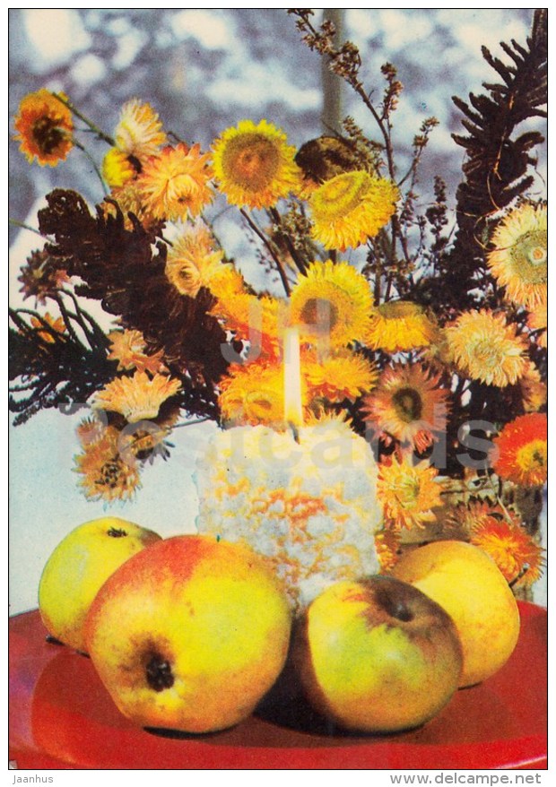 New Year Greeting card - 2 - candle - apples - flowers - 1979 - Estonia USSR - used - JH Postcards