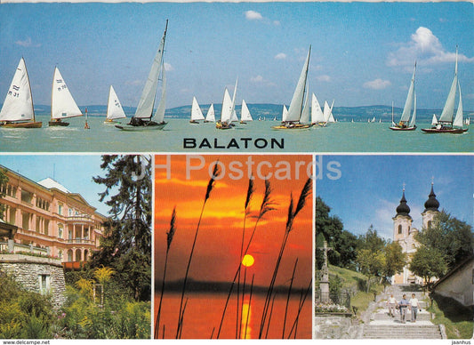 Greetings from the Lake Balaton - sailing boat - church - multiview - 1985 - Hungary - used - JH Postcards