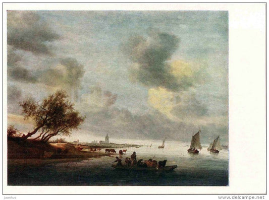 painting by Salomon van Ruysdael - Ferry crossings in the vicinity of Arnhem - sailing boat - dutch art - unused - JH Postcards