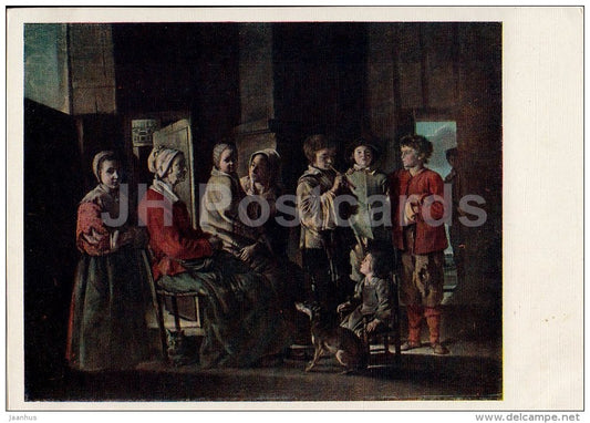 painting by Louis Le Nain - Visiting Grandmother - children - dog - French art - 1958 - Russia USSR - unused - JH Postcards