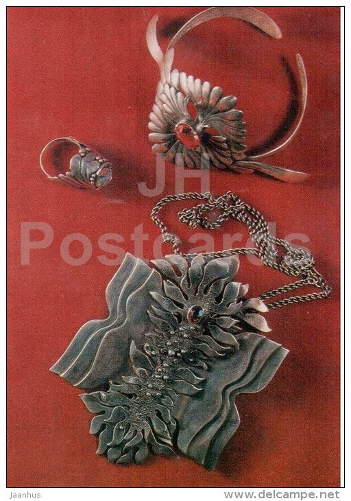necklace and ring by H. Tassa - silver - estonian jewelery art - 1975 - Estonia USSR - unused - JH Postcards