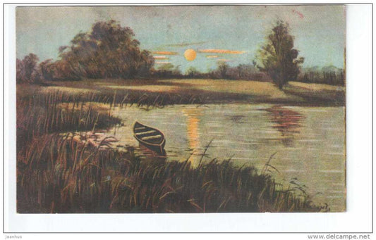 illustration - boat - sunset - signed - 63 - old postcard - circulated in Estonia 1938 Eidapere Tallinn - used - JH Postcards