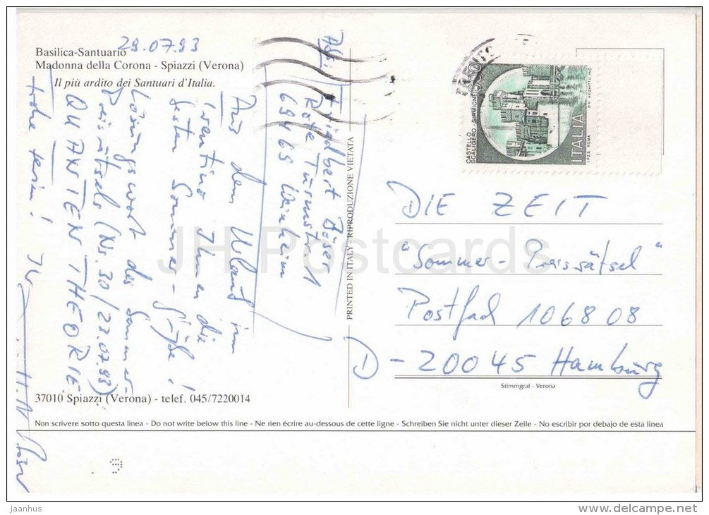 Basilica Santuario , Madonna della Corona - Verona - Veneto - 37010 - Italia - Italy - sent from Italy to Germany 1993 - JH Postcards