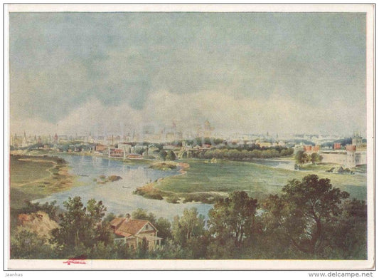 painting by V. Ammon - View of Moscow from Vorobyevyh Gor - river - russian art - unused - JH Postcards