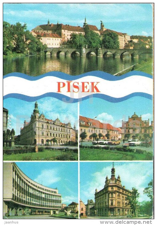Pisek - bridge - health center - store house Racek - interhotel Otava - Alsov square - Czechoslovakia - Czech - unused - JH Postcards