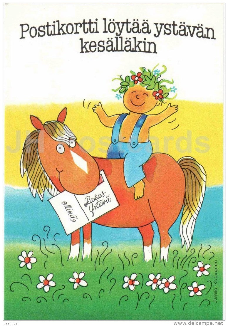 illustration by J. Koivunen - Remember Your Friend With A Postcard - horse - boy - mail - Finland - unused - JH Postcards