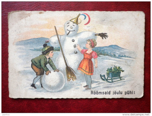 Christmas Greeting Card - sleigh - snowman - girl and boy - 3534 - circulated in 1929 - Estonia - used - JH Postcards