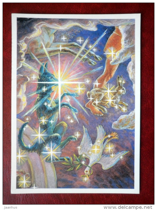 Canis Major - Lepus - Columba - constellations - dog -  hare - dove - stars - night sky - 1990 - Russia USSR - unused - JH Postcards