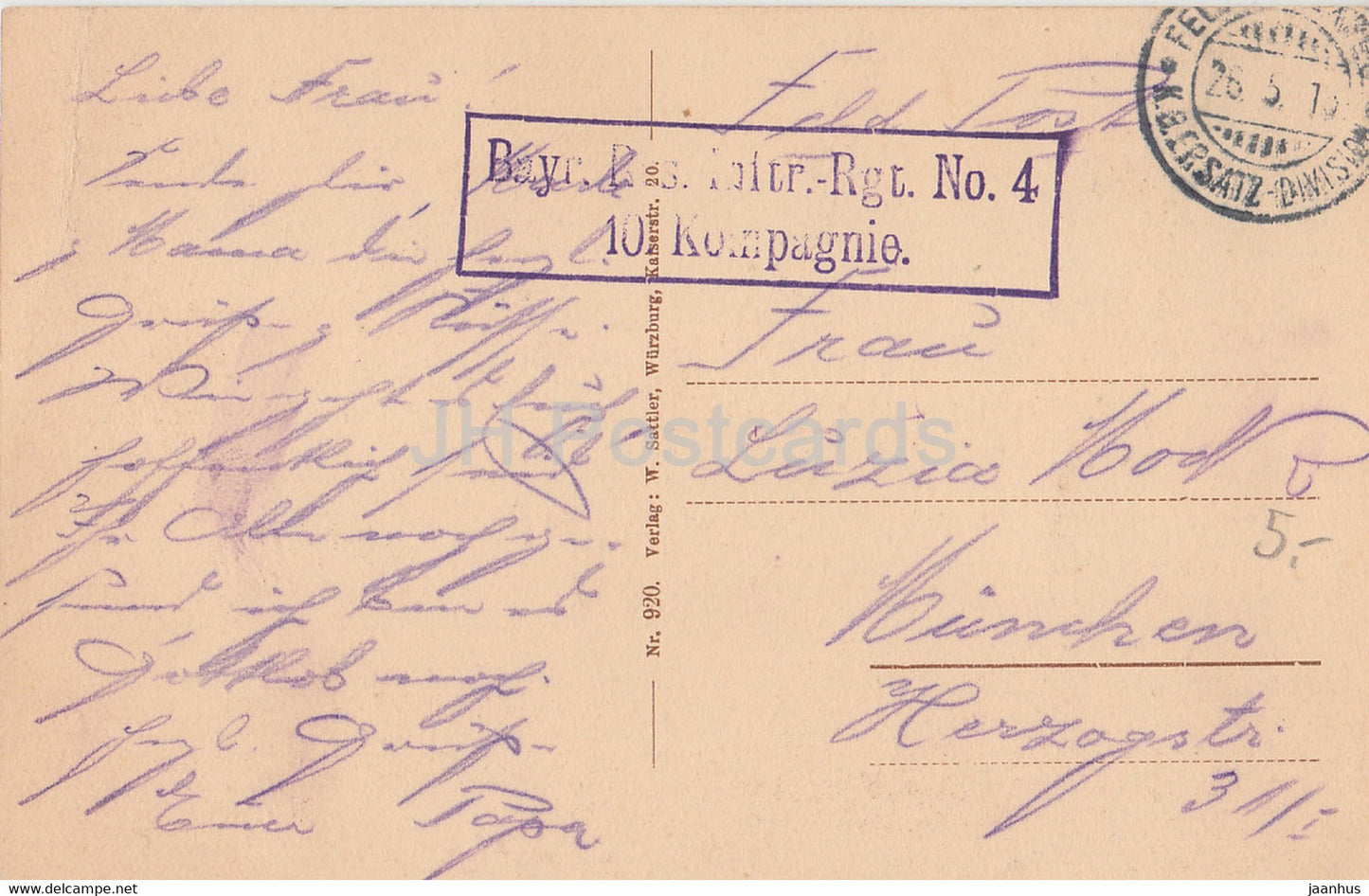 Würzburg - Kgl Residenz - Rückseite - Feldpost - Inft Rgt Nr. 4 10 Kompagnie - 920 - alte Postkarte - Deutschland - gebraucht