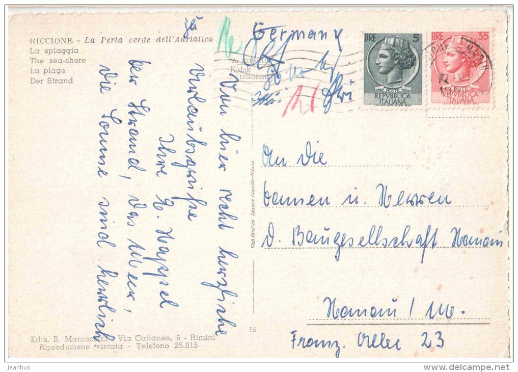 La Perla verde dell`Adriatico - La Spiaggia - beach - Riccione - Emilia-Romagna - Italia - Italy - sent to Germany 1960 - JH Postcards