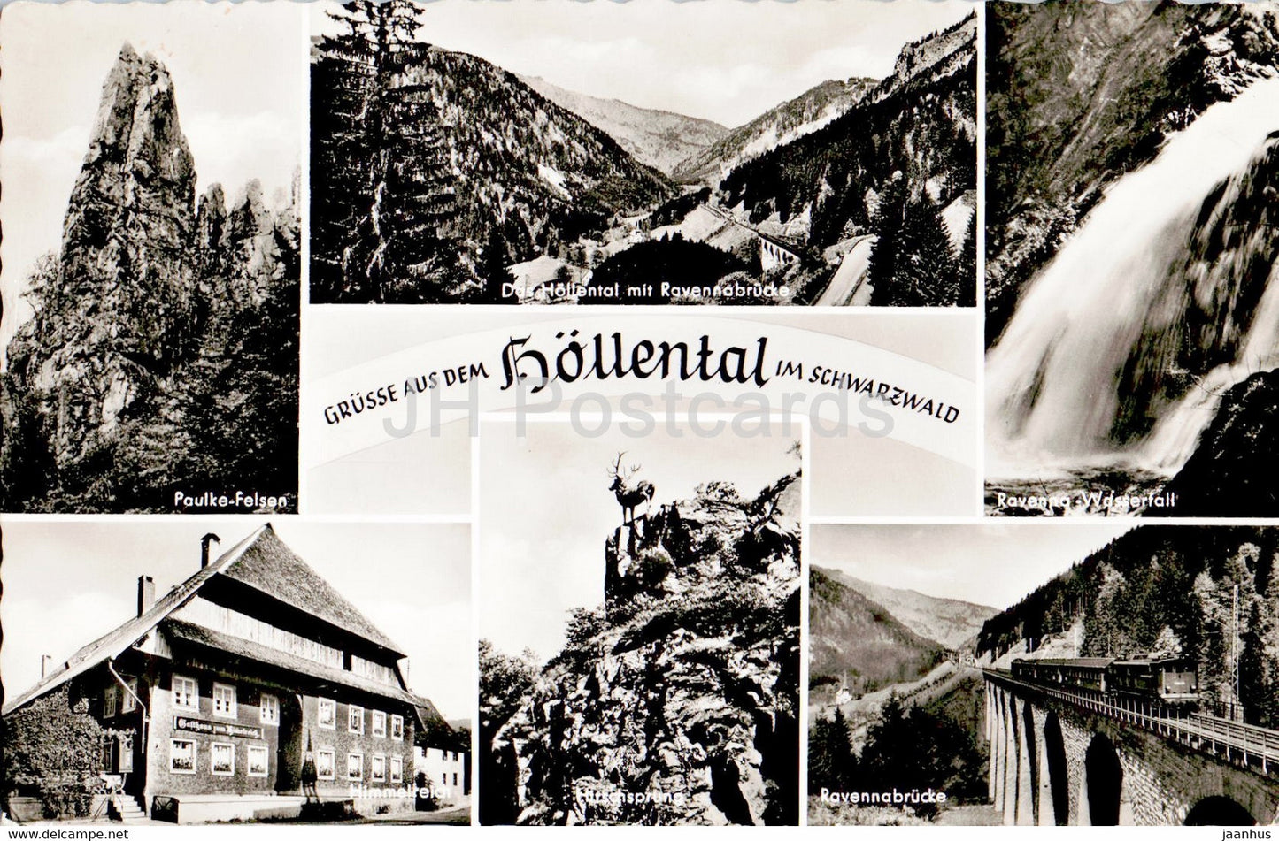 Grusse aus dem Hollental im Schwarzwald - Paulke Felsen - Ravennabrucke - train - old postcard - 1956 - Germany - used - JH Postcards