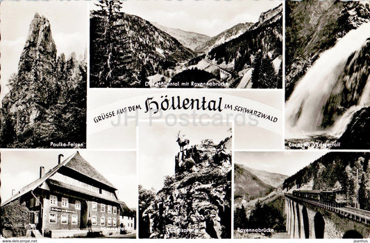 Grusse aus dem Hollental im Schwarzwald - Paulke Felsen - Ravennabrucke - train - old postcard - 1956 - Germany - used - JH Postcards