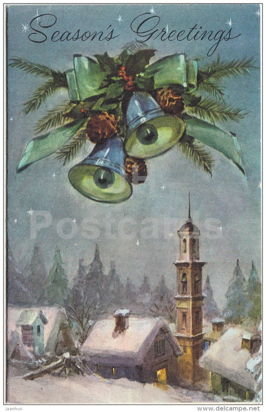 New Year Greeting Card - christmas bells - church - houses - Australia - used - JH Postcards