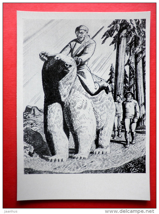 illustration by Rockwell Kent - Gisla Saga . 1936 - bear - hunter - art of USA - unused - JH Postcards