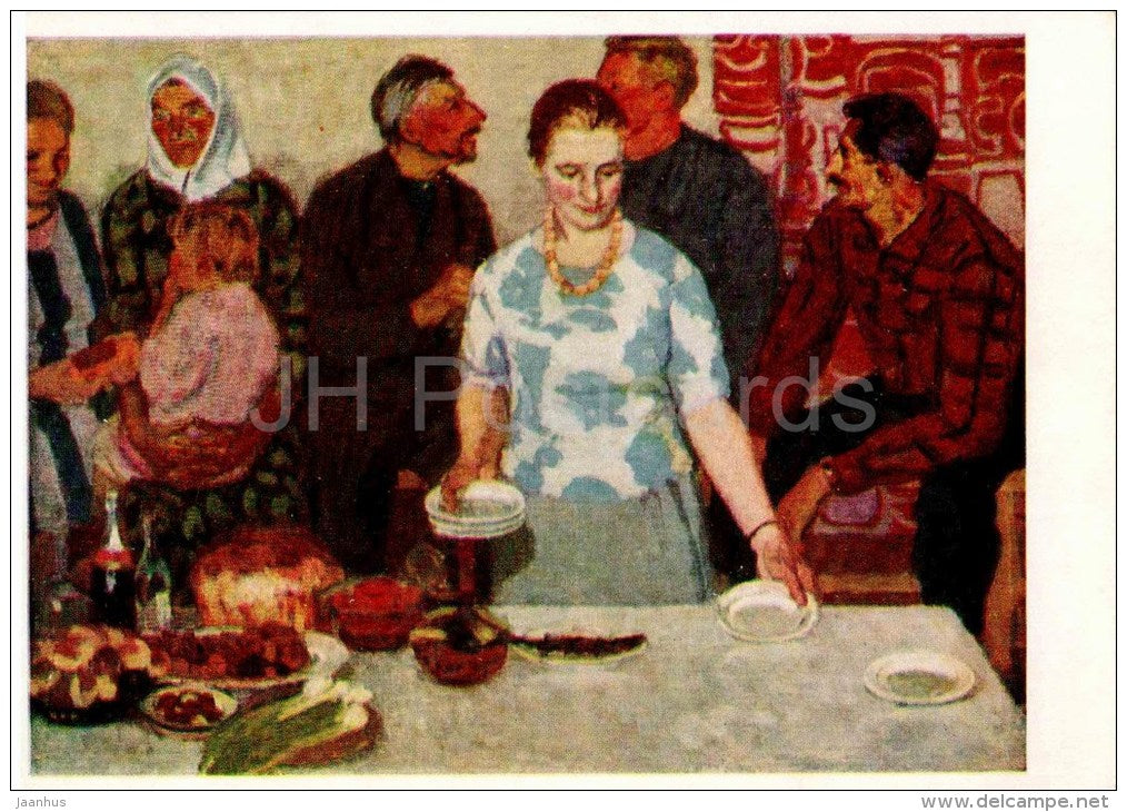 painting by V. Nechitaylo - Visiting young , 1967 - russian art - unused - JH Postcards