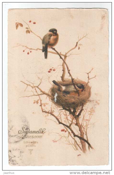 Easter Greeting Card - birds - bullfinch - PP - old postcard - circulated in Estonia 1924 - used - JH Postcards