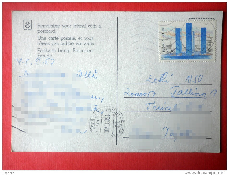 illustration by Jarmo Koivunen - horse - boy - EUROPA CEPT - Finland - sent from Finland to Estonia USSR 1987 - JH Postcards