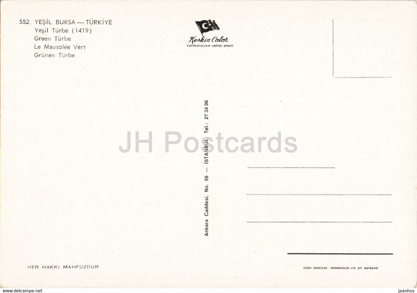 Bursa - Green Turbe - mausoleum - 552 - Keskin - Turkey - unused
