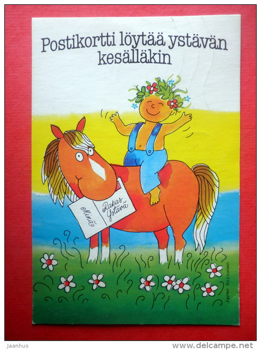 illustration by Jarmo Koivunen - horse - boy - EUROPA CEPT - Finland - sent from Finland to Estonia USSR 1987 - JH Postcards