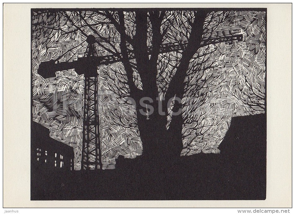 Night at construction - illustration by A. Avdyshev - Karelia - Karjala - 1968 - Russia USSR - unused - JH Postcards