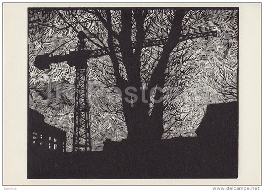 Night at construction - illustration by A. Avdyshev - Karelia - Karjala - 1968 - Russia USSR - unused - JH Postcards