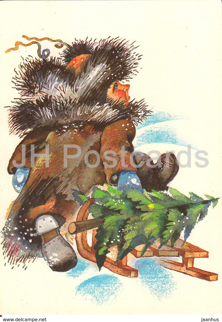 New Year Greeting Card by I. Raudsepp - boy - sledge - fir tree - 1984 - Estonia USSR - used - JH Postcards