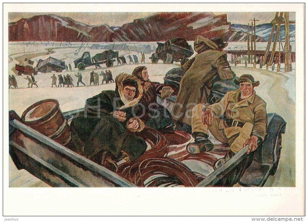 painting by P. Nikonov - Everyday Life - truck - workers - russian art - unused - JH Postcards