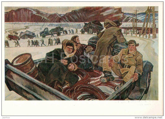 painting by P. Nikonov - Everyday Life - truck - workers - russian art - unused - JH Postcards