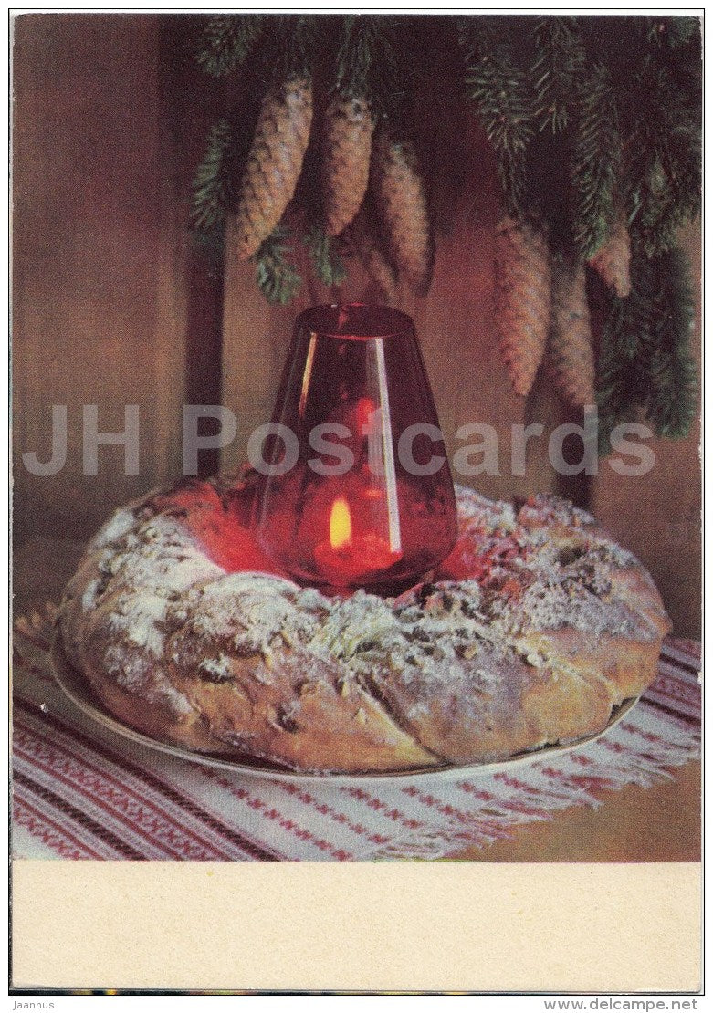 New Year Greeting card - candle - fir cones - pretzel - 1970 - Estonia USSR - unused - JH Postcards
