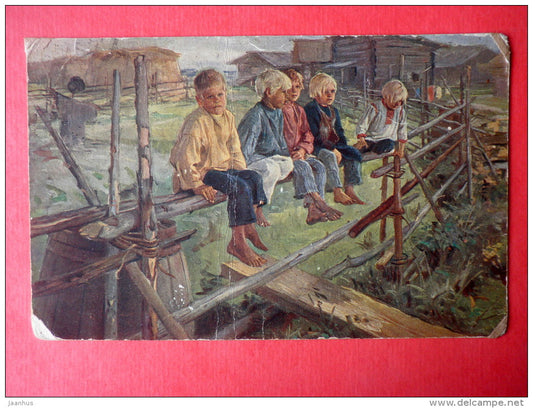 painting by I. Priyanichnikow . Sparrows - boys - fence - 23 - russian art - sent to Estonia Reval Imperial Russia 1911 - JH Postcards
