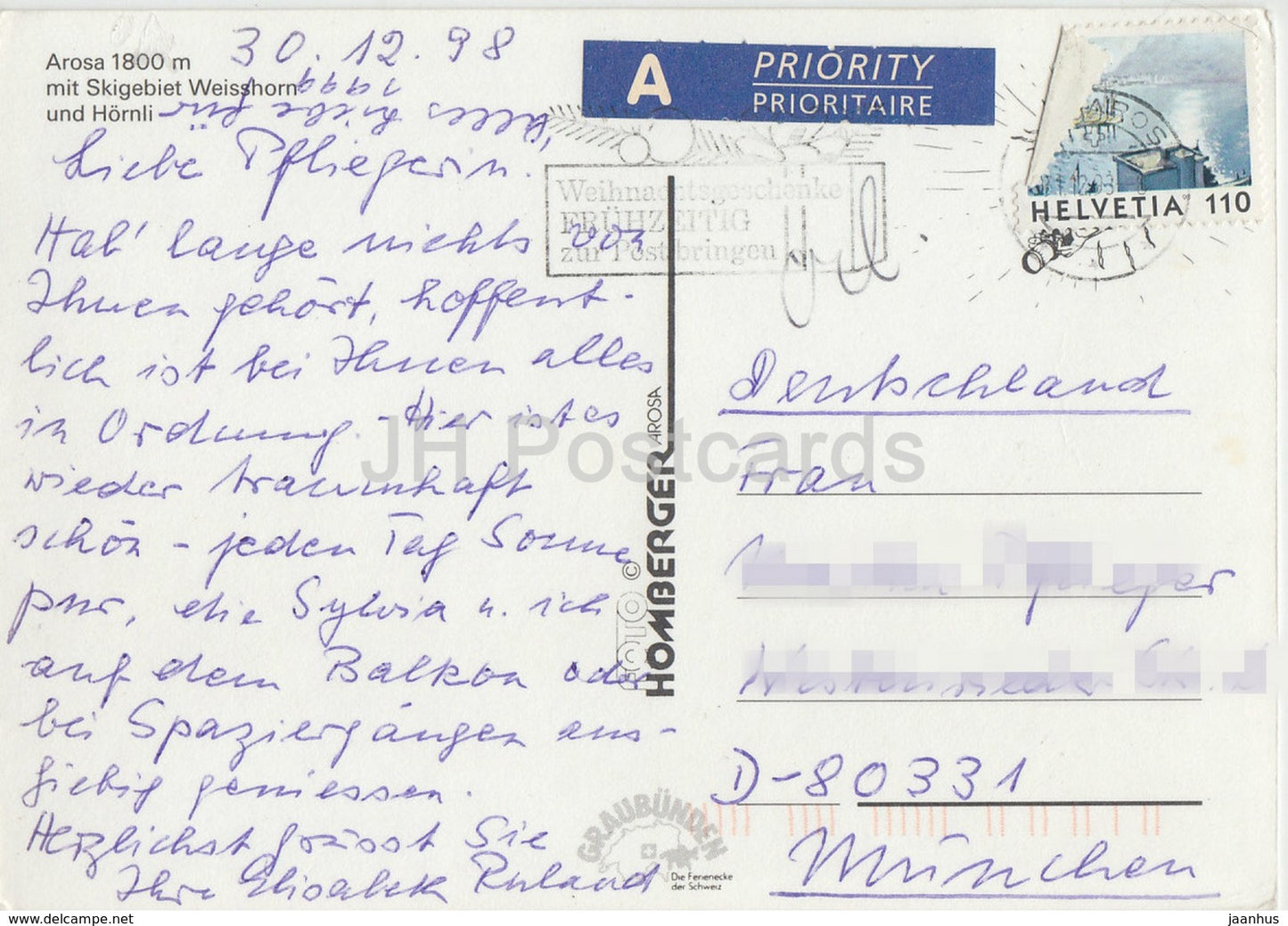 Arosa 1800 m mit Skigebiet Weisshorn und Hornli - 1998 - Switzerland - used