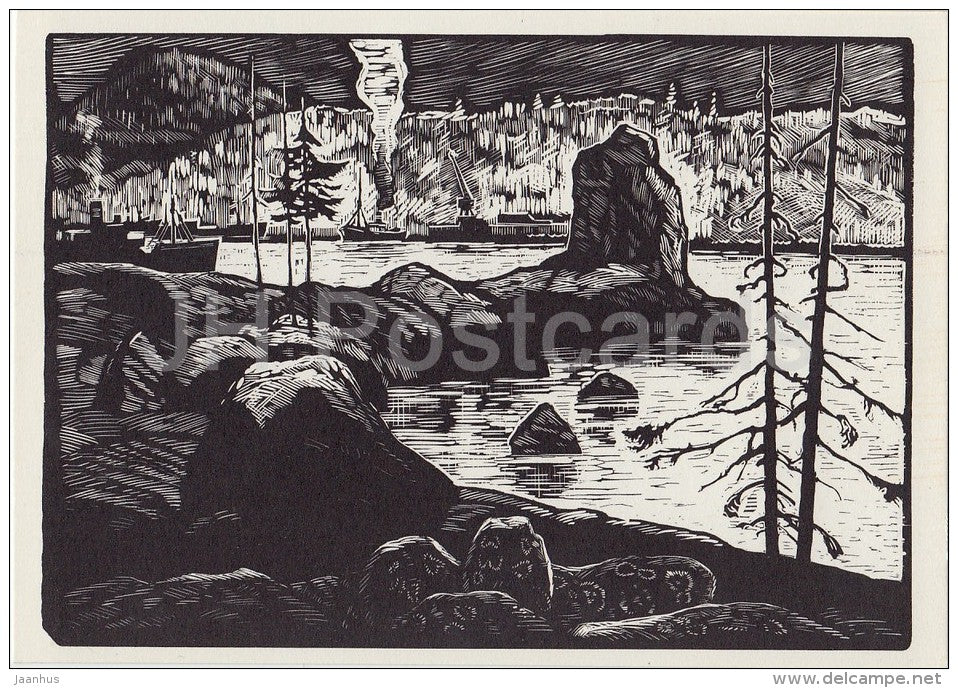 Trawlers in the Bay - illustration by A. Avdyshev - Karelia - Karjala - 1968 - Russia USSR - unused - JH Postcards