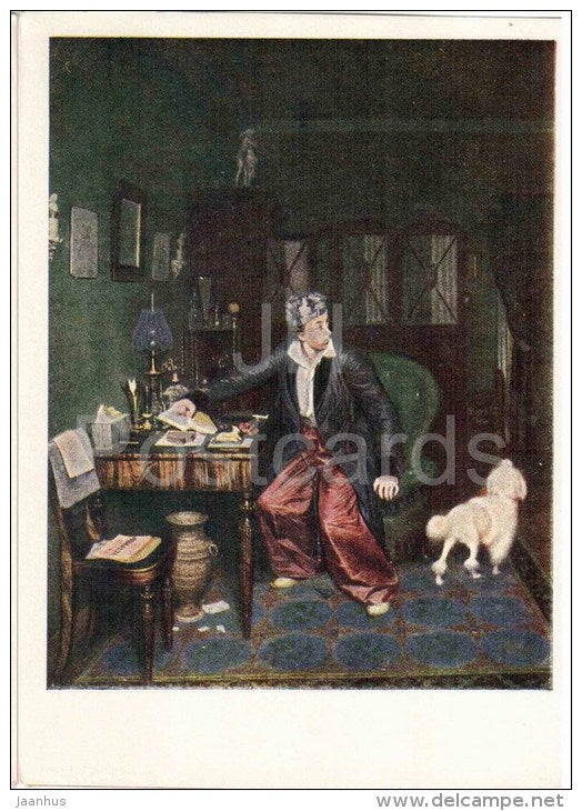 painting by P. Fedotov - Nobleman´s Breakfast - desk - poodle - State Tretyakov Gallery - russian art - unused - JH Postcards