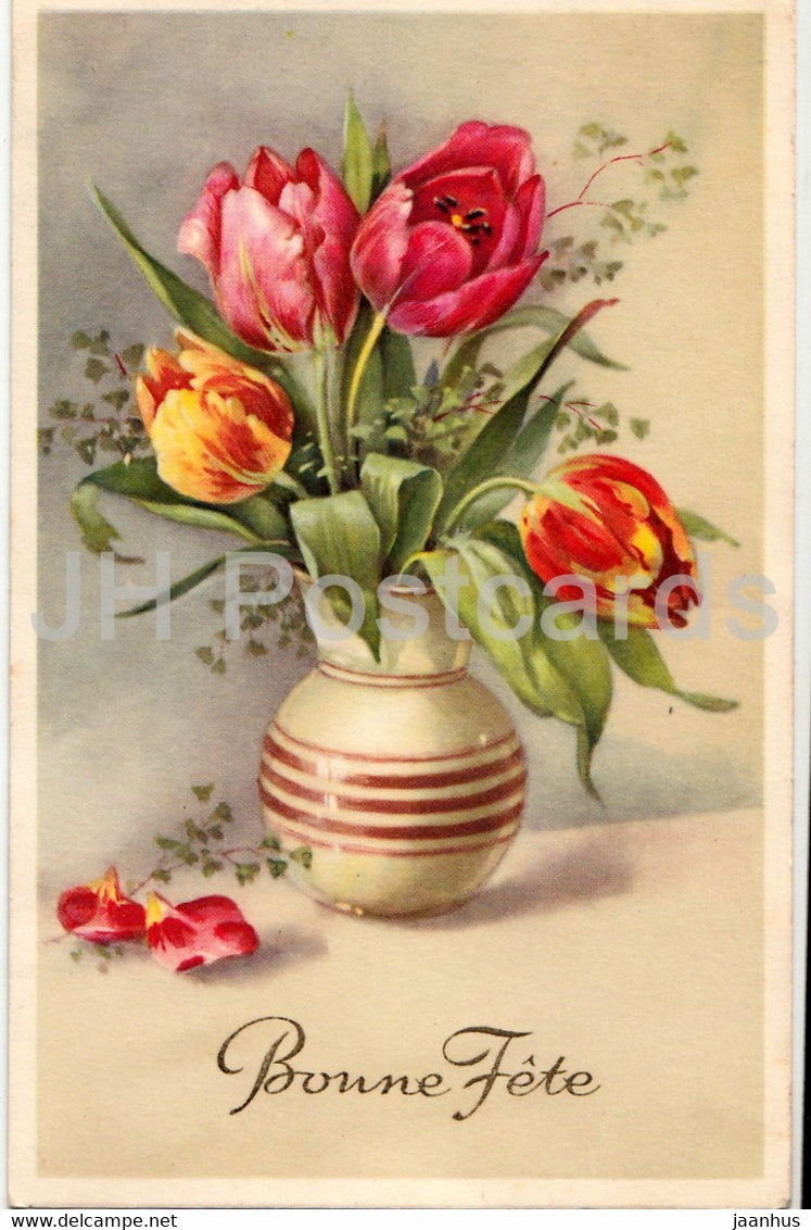 Birthday Greeting Card - Bonne Fete - tulips in a vase - flowers - 6699 - illustration - old postcard - France - used - JH Postcards