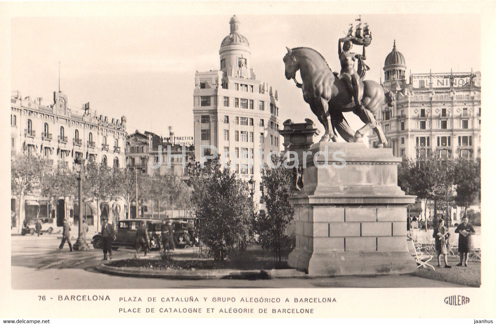 Barcelona - Plaza de Cataluna y Grupo Alegorico a Barcelona - monument - horse - old postcard - Spain - unused - JH Postcards