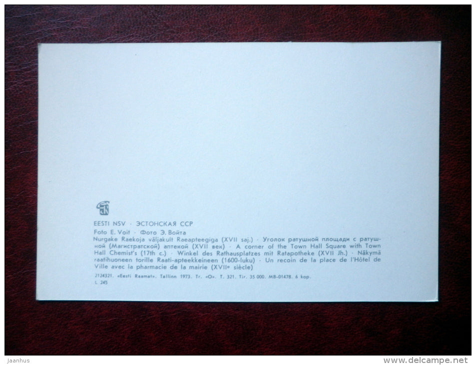 A corner of the Town Hall Square with Town Hall Chemist`s Raeapteek - Tallinn - 1973 - Estonia USSR - unused - JH Postcards