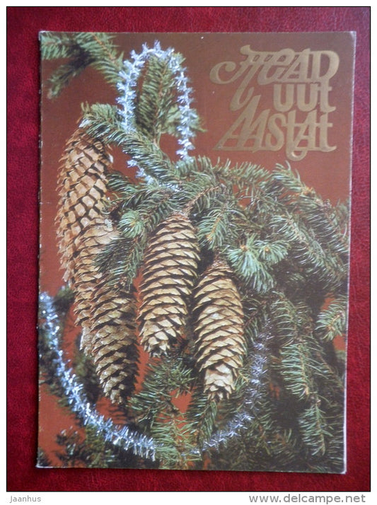 New Year Greeting card - fir tree cones - 1986 - Estonia USSR - used - JH Postcards
