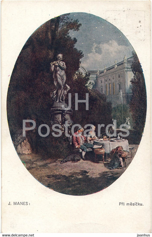 painting by J. Manes - Pri mesicku - 1013 - old postcard - Czech art - Czech Republic - unused - JH Postcards