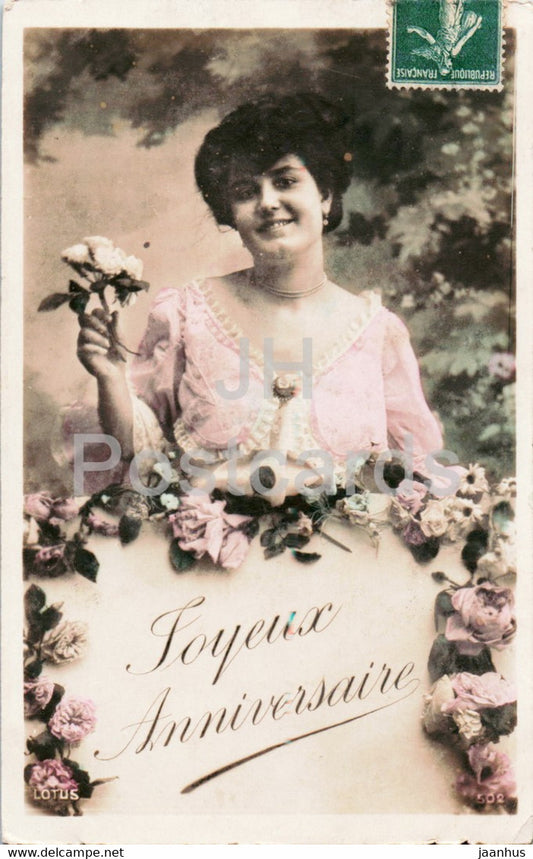Birthday Greeting Card - Joyeux Anniversaire - woman - LOTUS -  old postcard - France - used - JH Postcards
