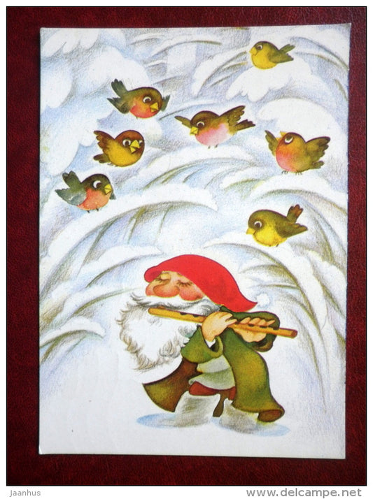 New Year Greeting card - illustration by Ülle Meister - bullfinches - birds - dwarf - flute - 1990 - Estonia USSR - used - JH Postcards