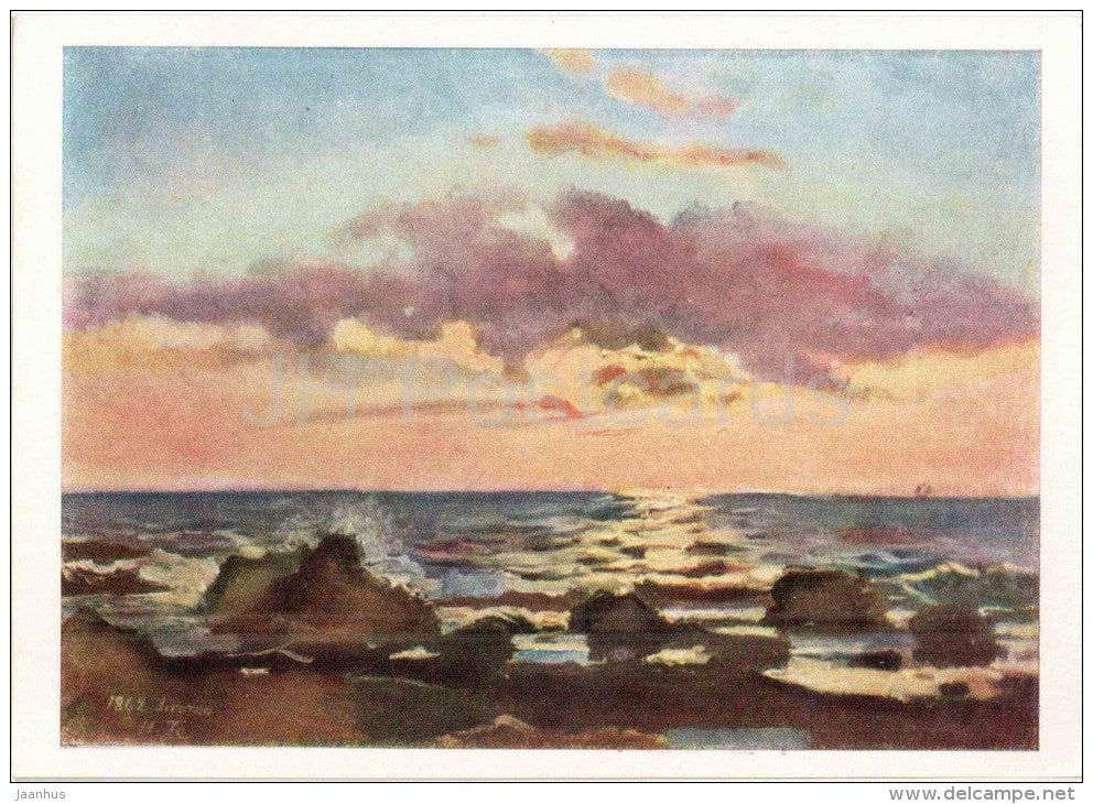 painting by N. Ge - Sunset in Livorno, 1862 - sea - russian art - unused - JH Postcards