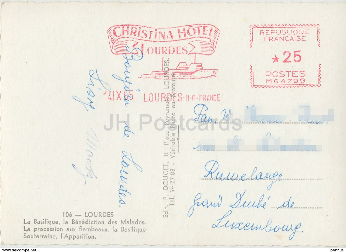 Souvenir de Lourdes - Christina hotel - multiview - 106 - France - 1965 - used