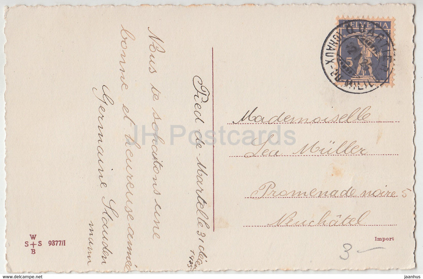 Carte de voeux du Nouvel An - Bonne Annee - oiseaux - mésange bleue - WSSB 9377/I - carte postale ancienne - 1926 - France - utilisé
