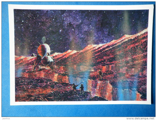 illustration by A. Sokolov and cosmonaut A. Leonov - Near a Lunar Volcano - spaceship - Russia USSR - 1973 - unused - JH Postcards