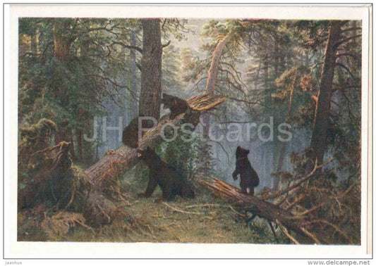 painting by I. Shishkin - 1 - Morning in a Pine Forest , 1889 - brown bear - russian art - unused - JH Postcards
