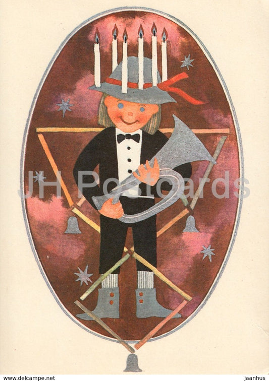 New Year Greeting Card by E. Tamberg - Musician - candles - trumpet - 1987 - Estonia USSR - used - JH Postcards