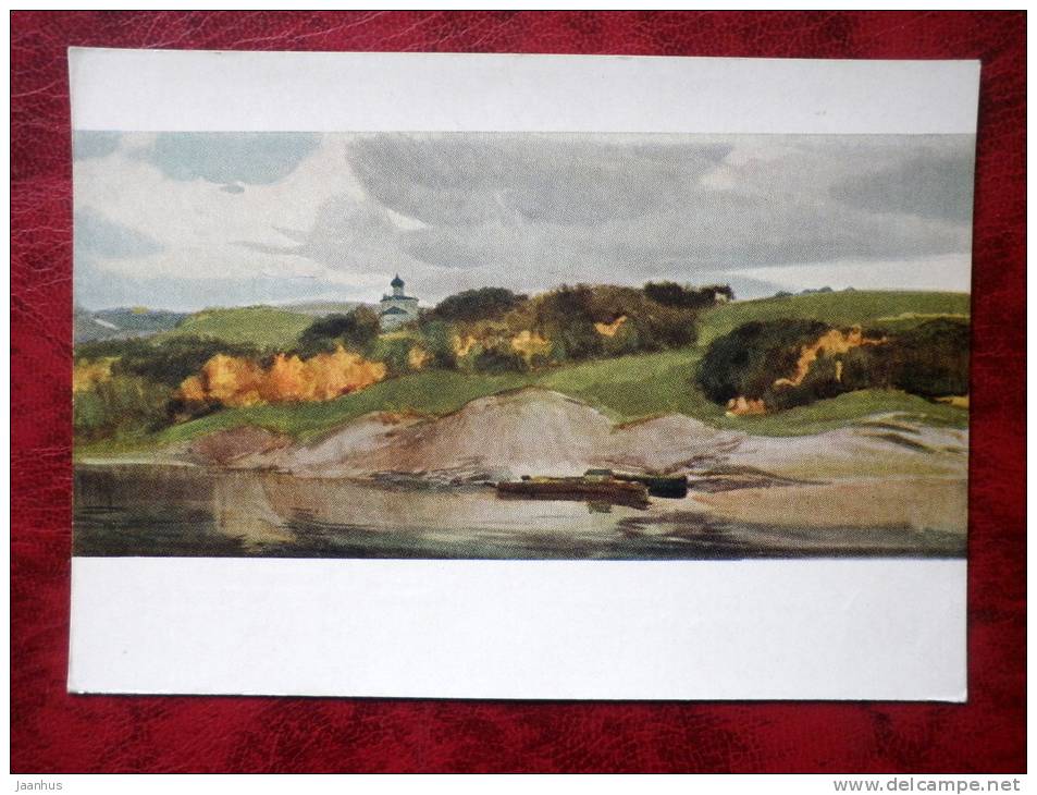 Painting by V. V. Bogatkin - September, Oka river - chapel - russian art - unused - JH Postcards