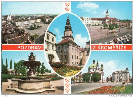 Kromeriz - square - fountain - architecture - town views - Czechoslovakia - Czech - unused - JH Postcards