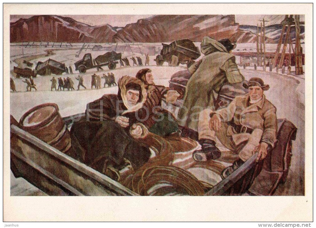 painting by P. Nikonov - 1 -Everyday Life - truck - workers - russian art - unused - JH Postcards